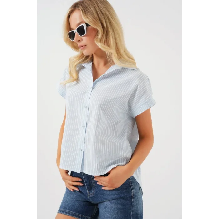 Çizgili Kısa Kol Gömlek 20324 - Açık Mavi