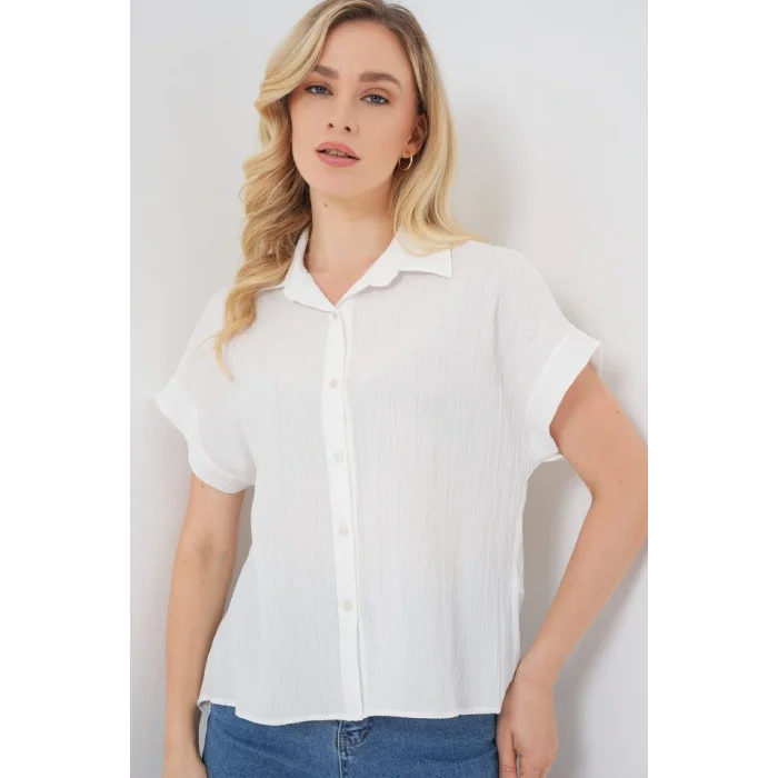 Çizgili Kısa Kol Gömlek 20324 - Beyaz