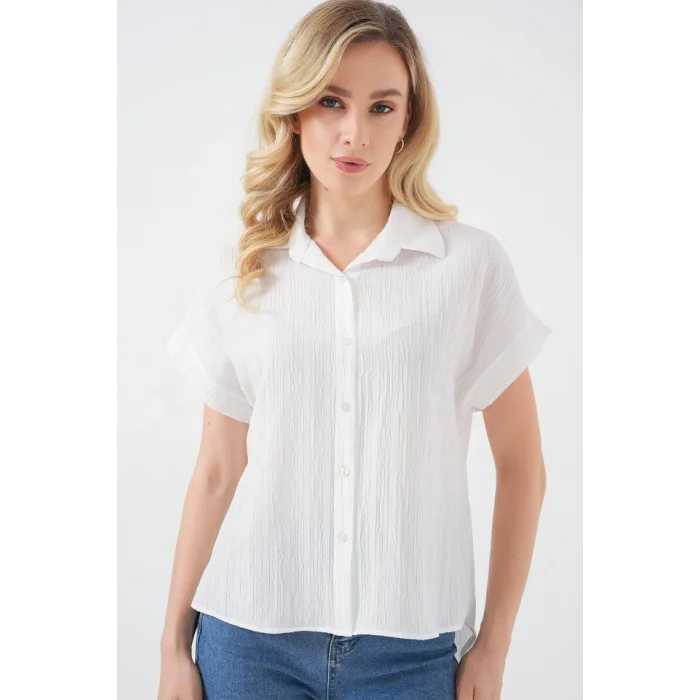 Çizgili Kısa Kol Gömlek 20324 - Beyaz