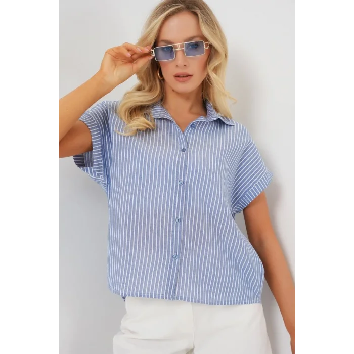Çizgili Kısa Kol Gömlek 20324 - İndigo