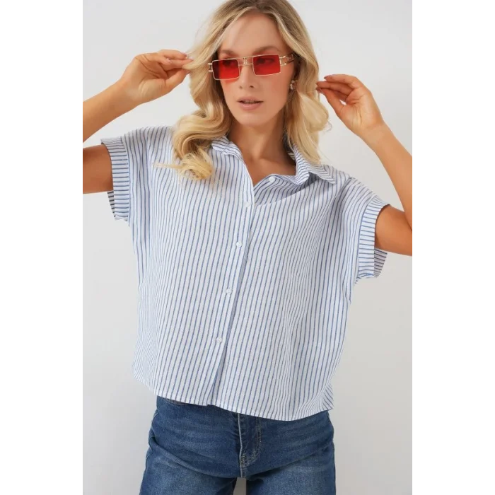 Çizgili Kısa Kol Gömlek 20324 - Mavi