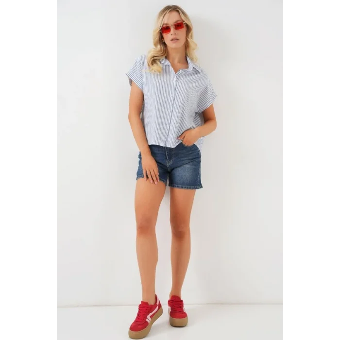 Çizgili Kısa Kol Gömlek 20324 - Mavi