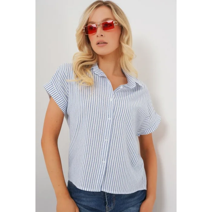Çizgili Kısa Kol Gömlek 20324 - Mavi