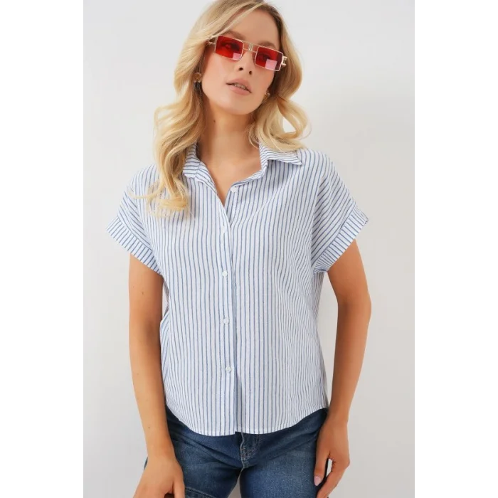 Çizgili Kısa Kol Gömlek 20324 - Mavi