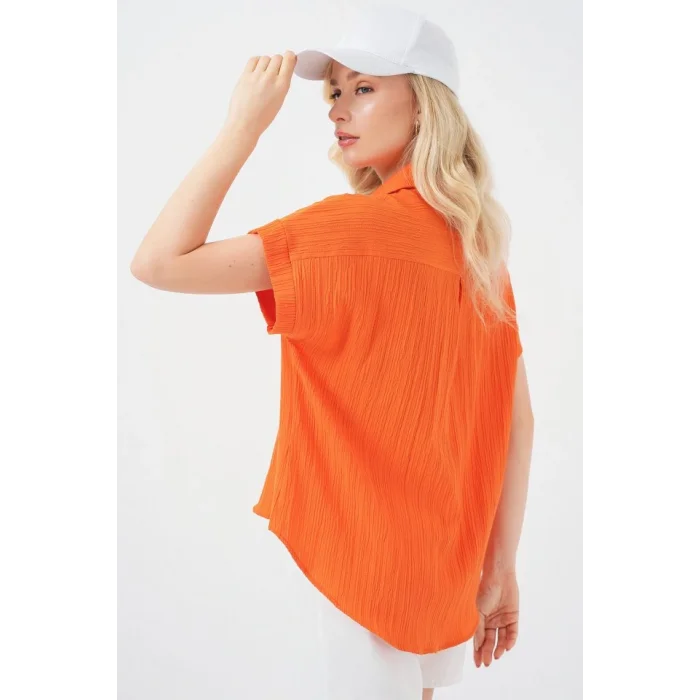 Çizgili Kısa Kol Gömlek 20324 - Turuncu