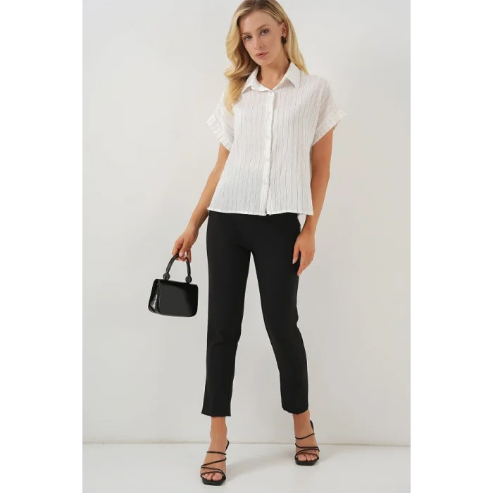 Çizgili Kısa Kol Gömlek 20327 - Beyaz