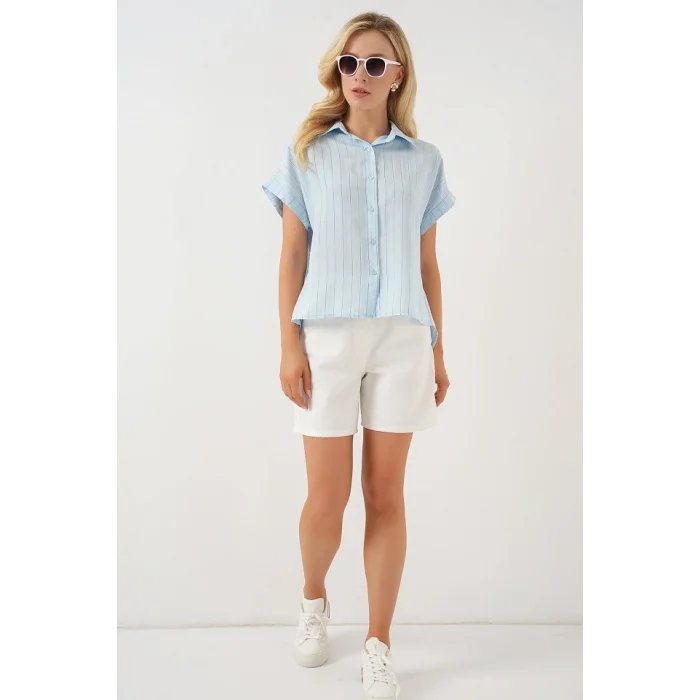 Çizgili Kısa Kol Gömlek 20327 - Mavi