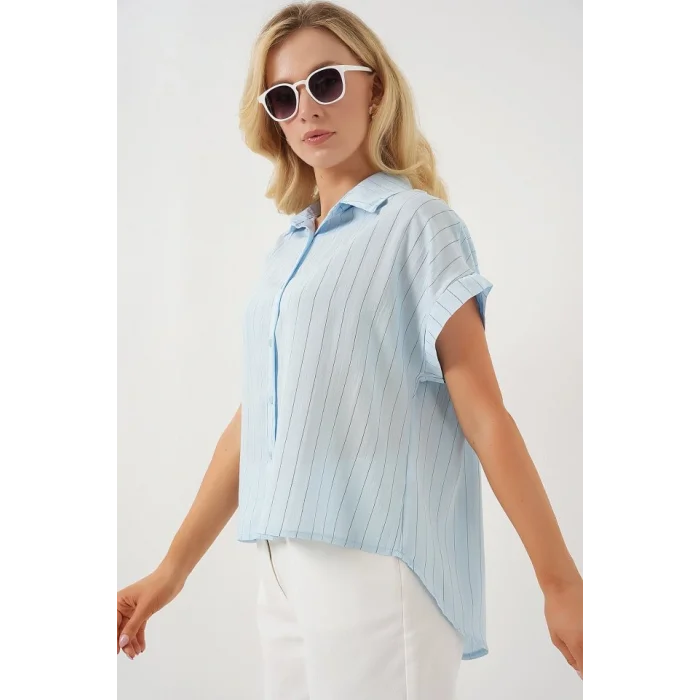 Çizgili Kısa Kol Gömlek 20327 - Mavi