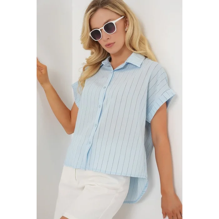 Çizgili Kısa Kol Gömlek 20327 - Mavi