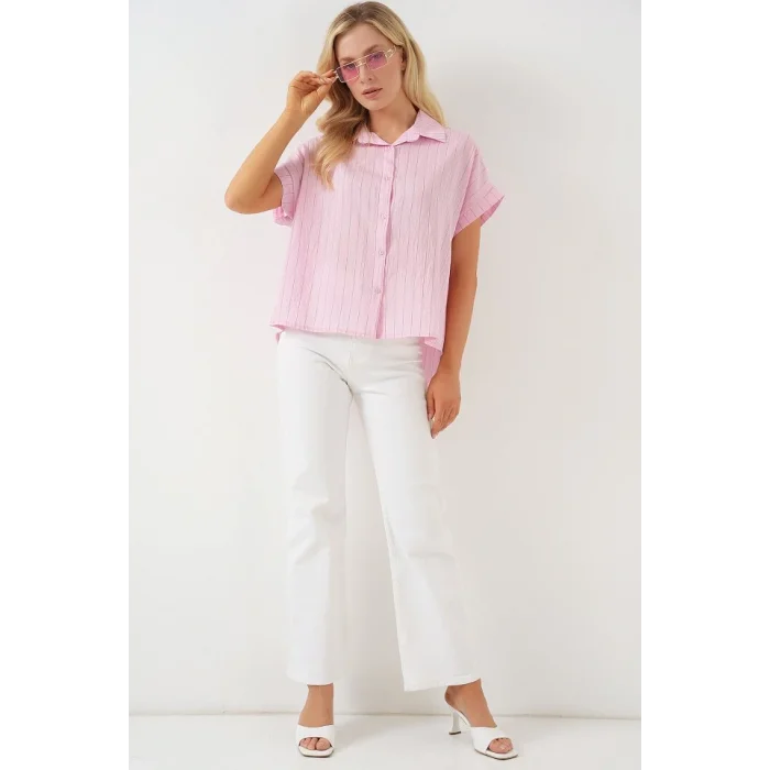 Çizgili Kısa Kol Gömlek 20327 - Pembe