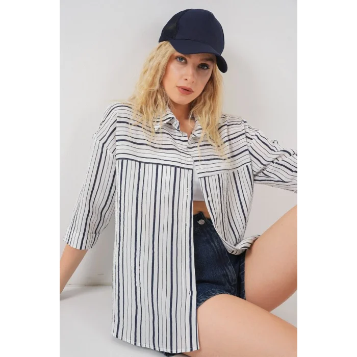 Çizgili Kısa Kol Gömlek 20344 - A.Lacivert