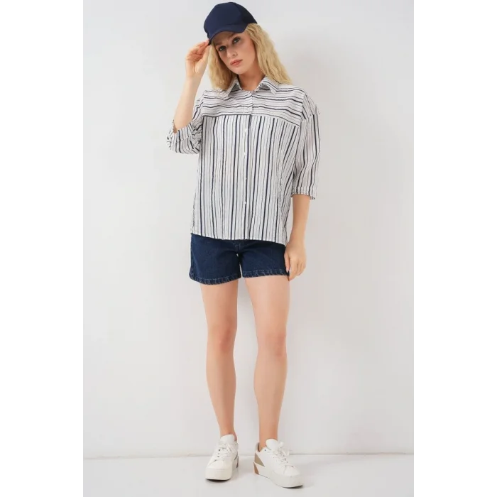 Çizgili Kısa Kol Gömlek 20344 - A.Lacivert