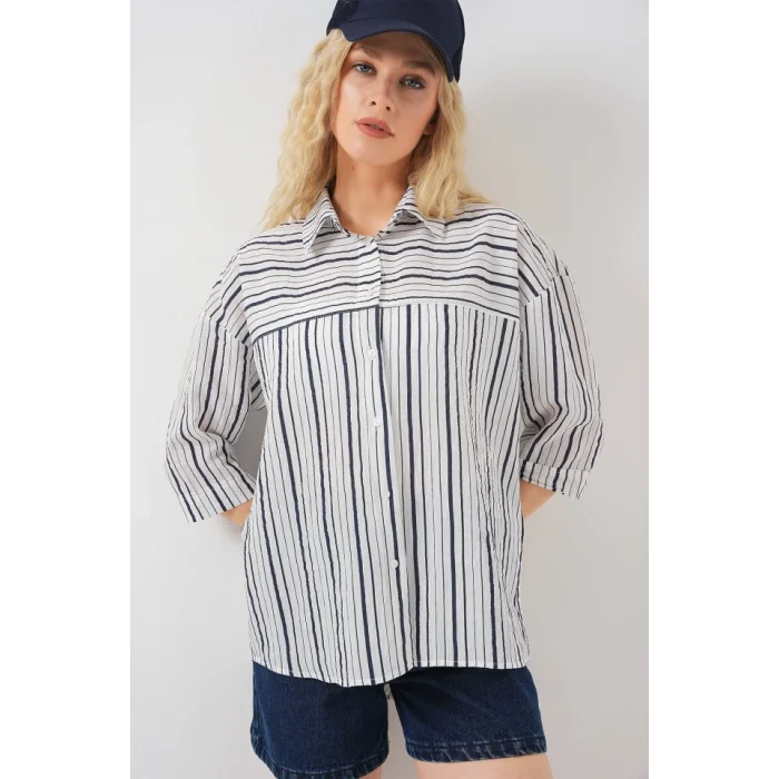 Çizgili Kısa Kol Gömlek 20344 - A.Lacivert