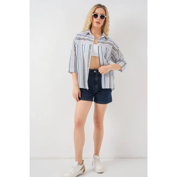 Çizgili Kısa Kol Gömlek 20344 - Lacivert