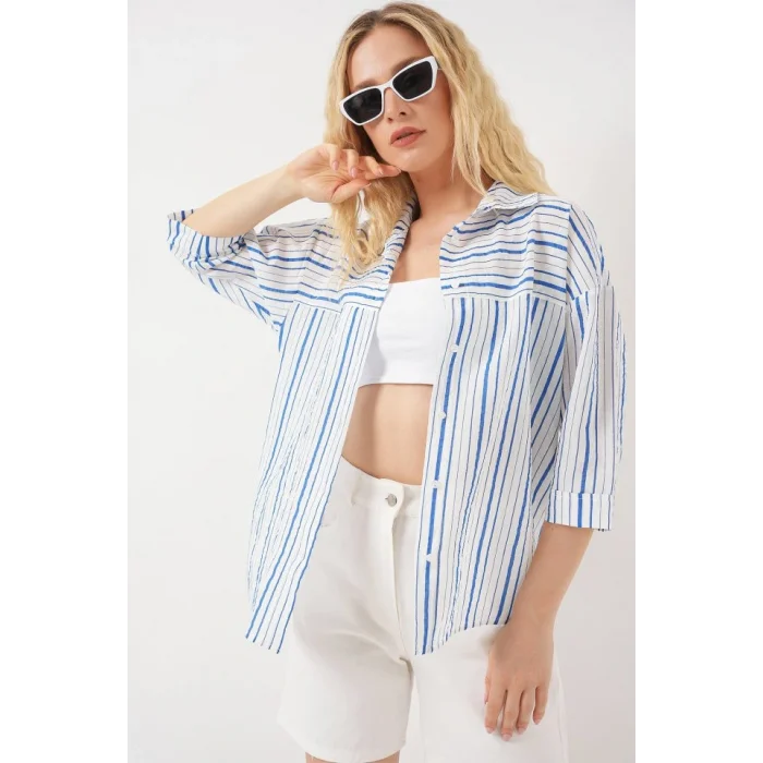 Çizgili Kısa Kol Gömlek 20344 - Mavi