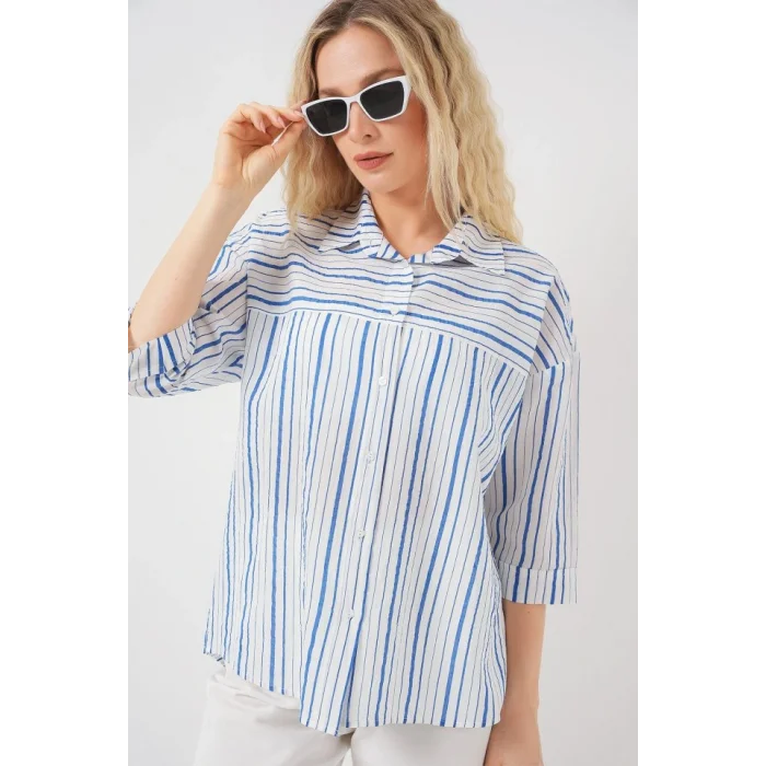 Çizgili Kısa Kol Gömlek 20344 - Mavi
