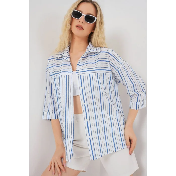 Çizgili Kısa Kol Gömlek 20344 - Mavi