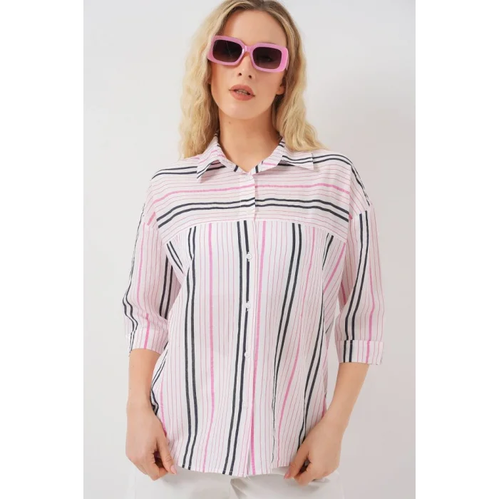 Çizgili Kısa Kol Gömlek 20344 - Pembe