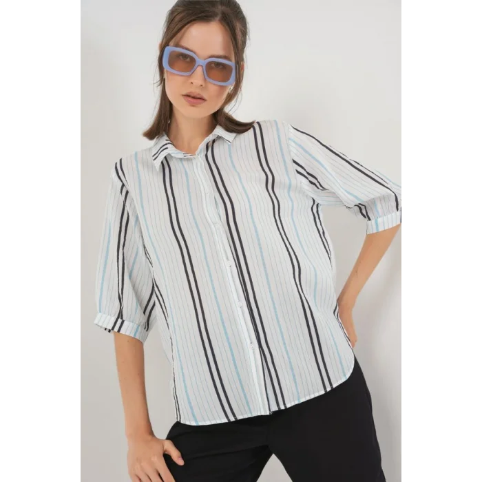 Çizgili Kısa Kol Gömlek 20345 - Açık Mavi