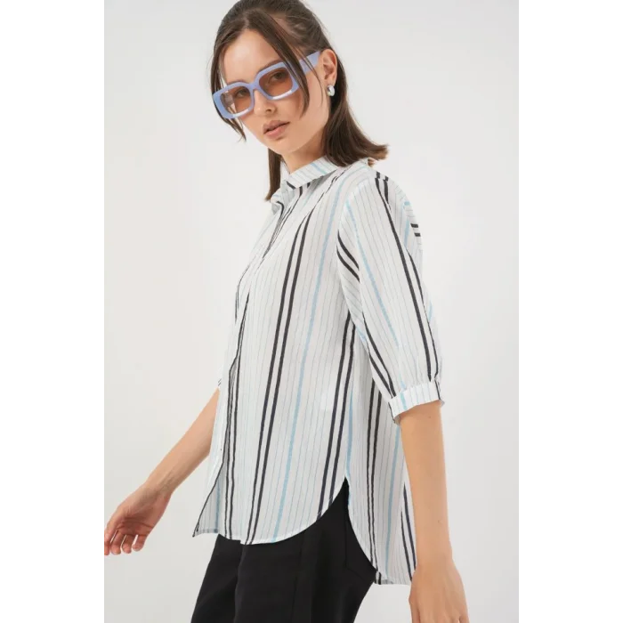 Çizgili Kısa Kol Gömlek 20345 - Açık Mavi