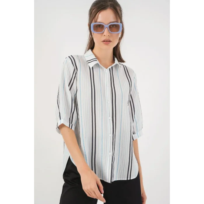 Çizgili Kısa Kol Gömlek 20345 - Açık Mavi