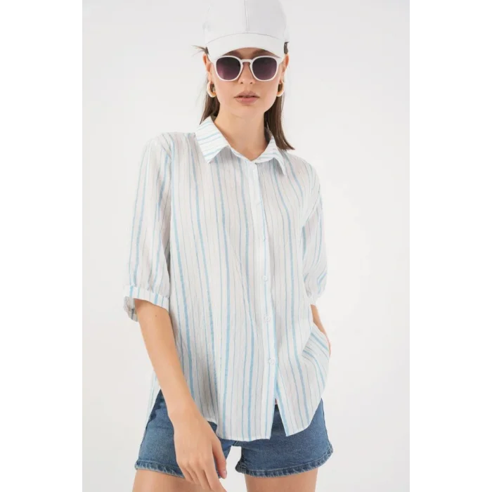 Çizgili Kısa Kol Gömlek 20345 - A.Mavi