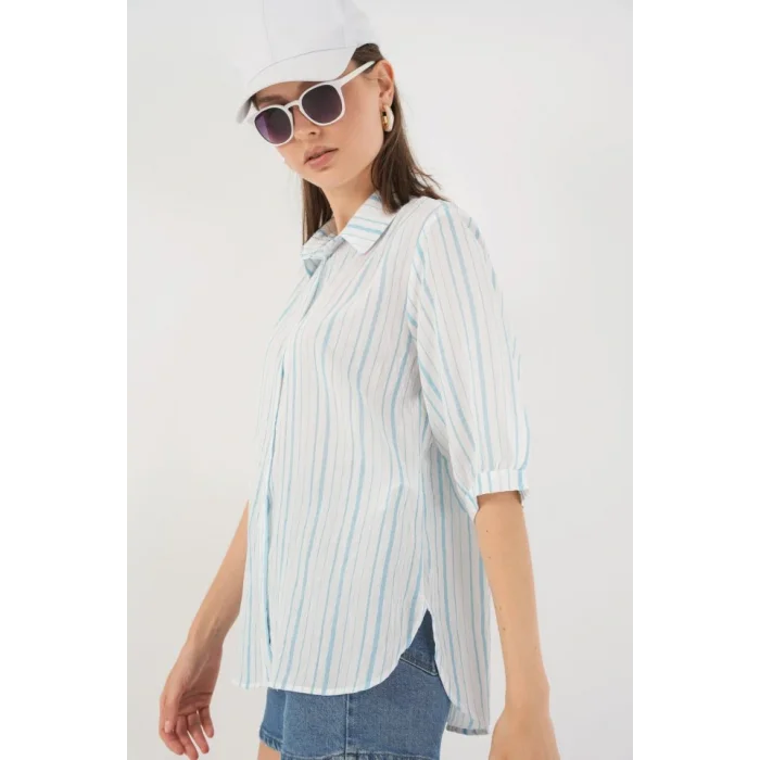 Çizgili Kısa Kol Gömlek 20345 - A.Mavi