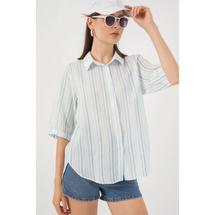 Çizgili Kısa Kol Gömlek 20345 - A.Mavi