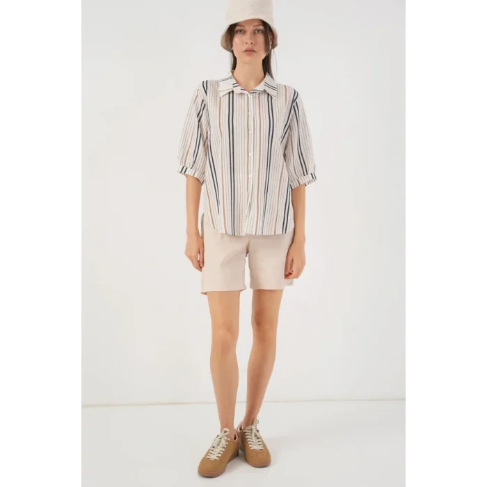 Çizgili Kısa Kol Gömlek 20345 - Bej
