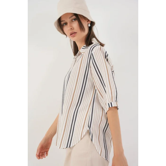 Çizgili Kısa Kol Gömlek 20345 - Bej