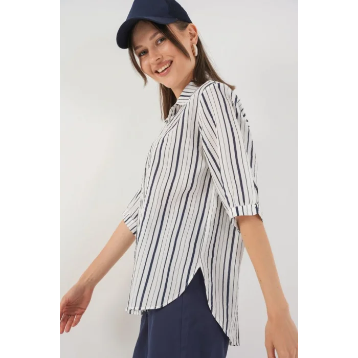 Çizgili Kısa Kol Gömlek 20345 - F.Lacivert