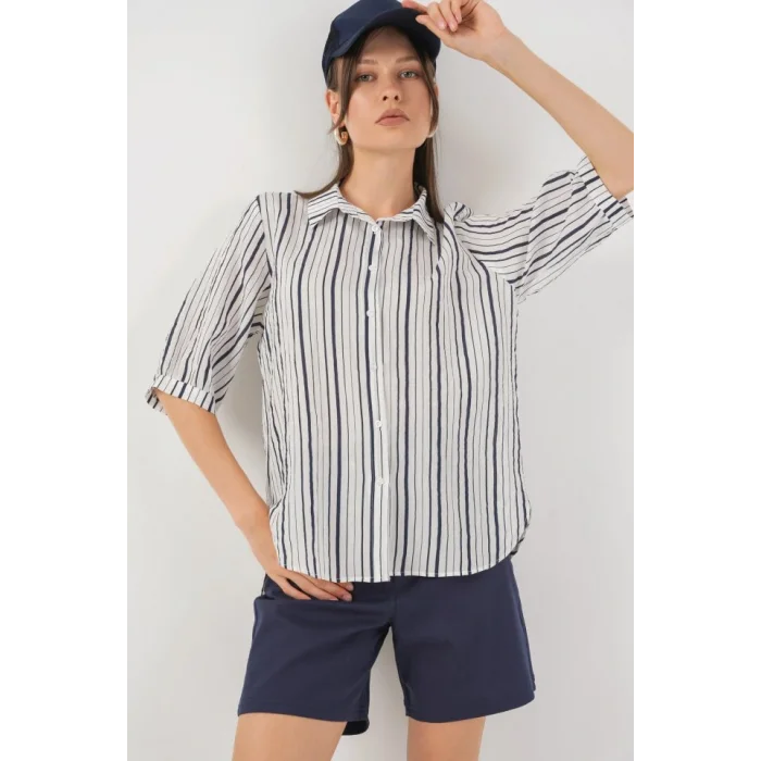 Çizgili Kısa Kol Gömlek 20345 - F.Lacivert