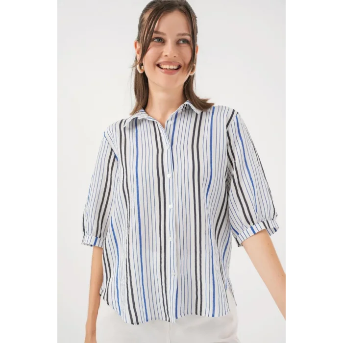 Çizgili Kısa Kol Gömlek 20345 - Lacivert