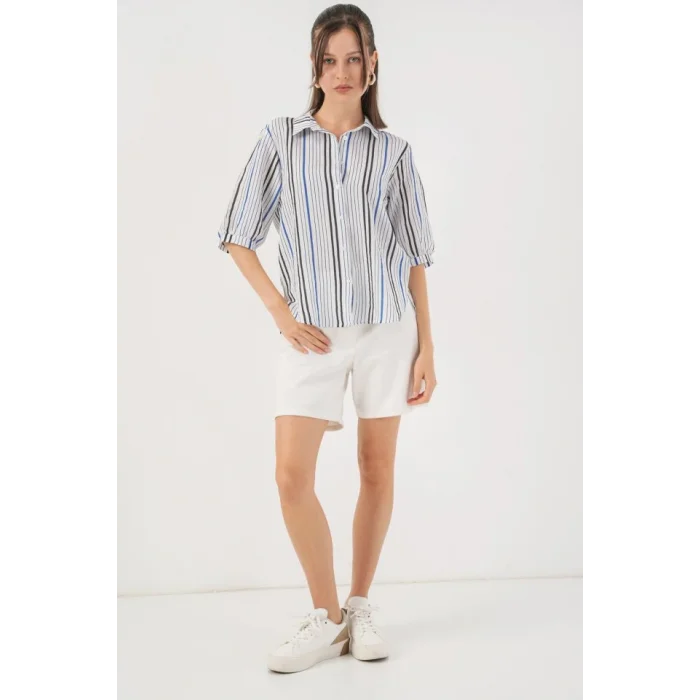 Çizgili Kısa Kol Gömlek 20345 - Lacivert