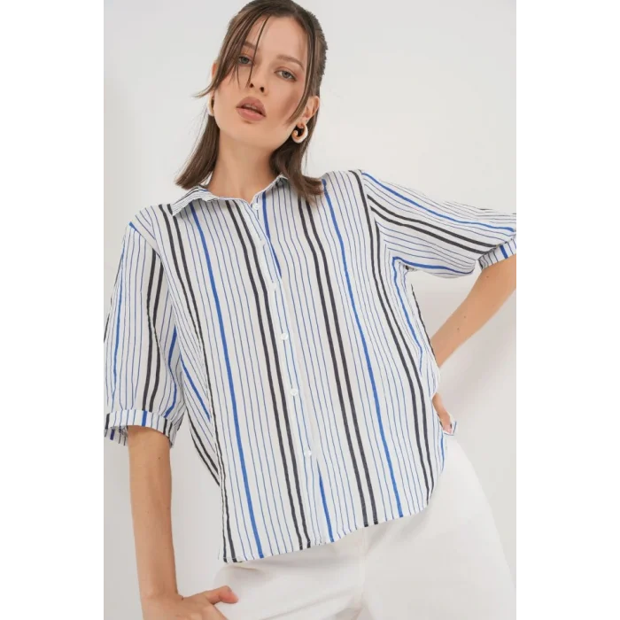 Çizgili Kısa Kol Gömlek 20345 - Lacivert