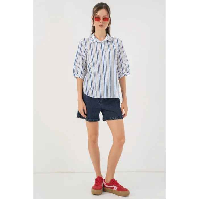 Çizgili Kısa Kol Gömlek 20345 - Mavi