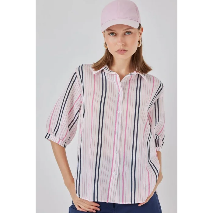 Çizgili Kısa Kol Gömlek 20345 - Pembe