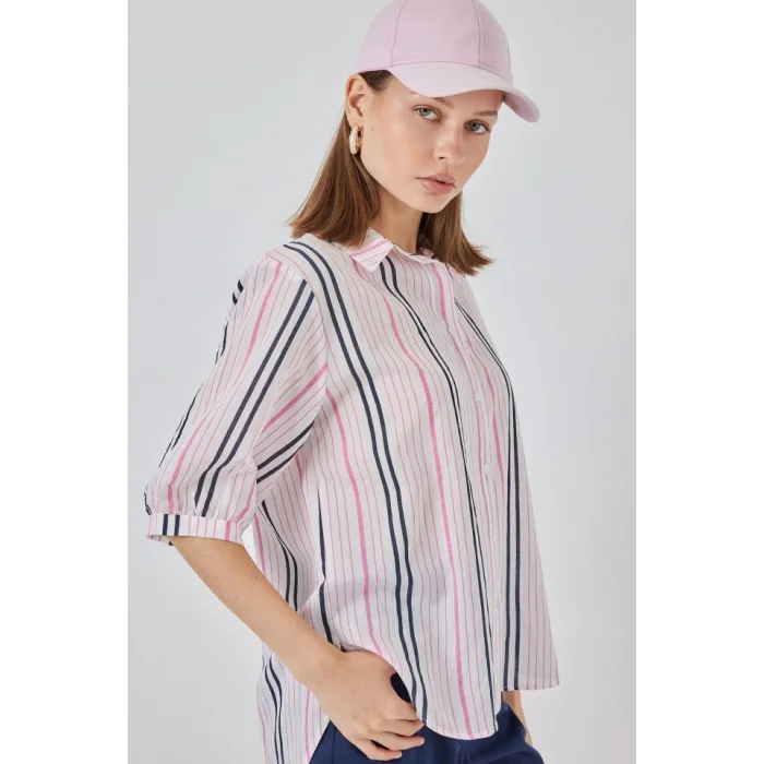 Çizgili Kısa Kol Gömlek 20345 - Pembe