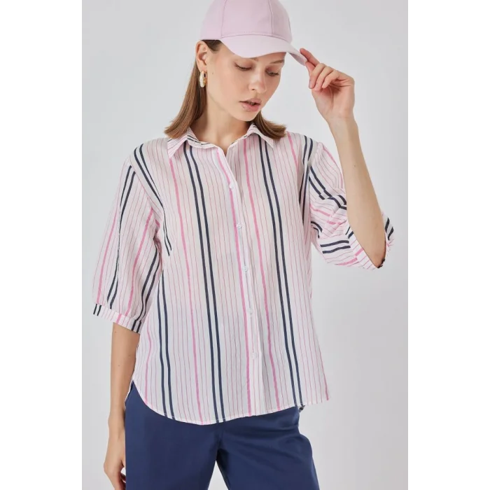 Çizgili Kısa Kol Gömlek 20345 - Pembe