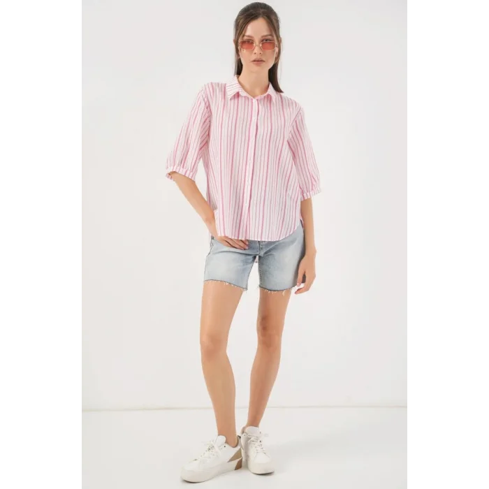 Çizgili Kısa Kol Gömlek 20345 - Pudra
