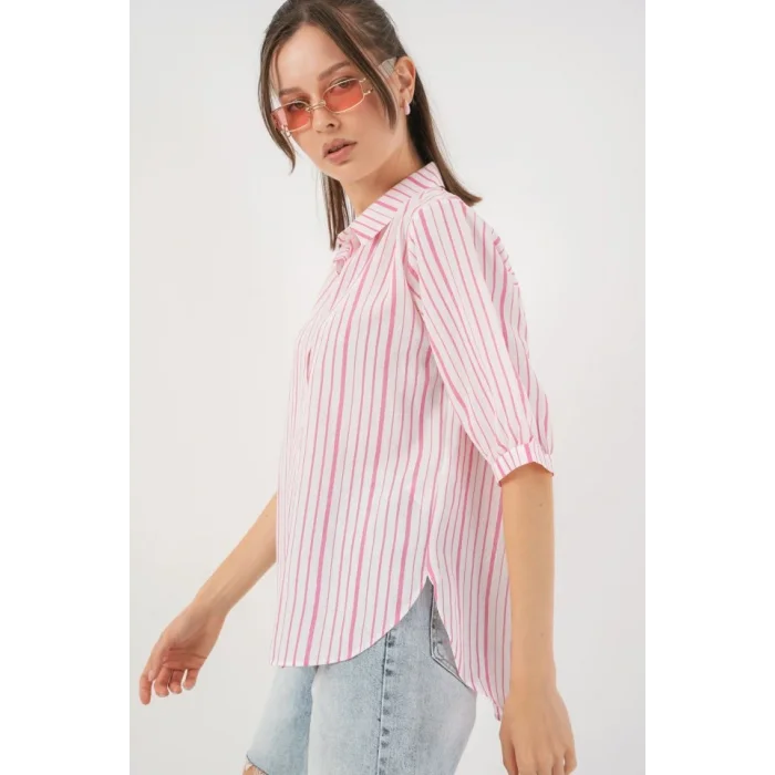 Çizgili Kısa Kol Gömlek 20345 - Pudra