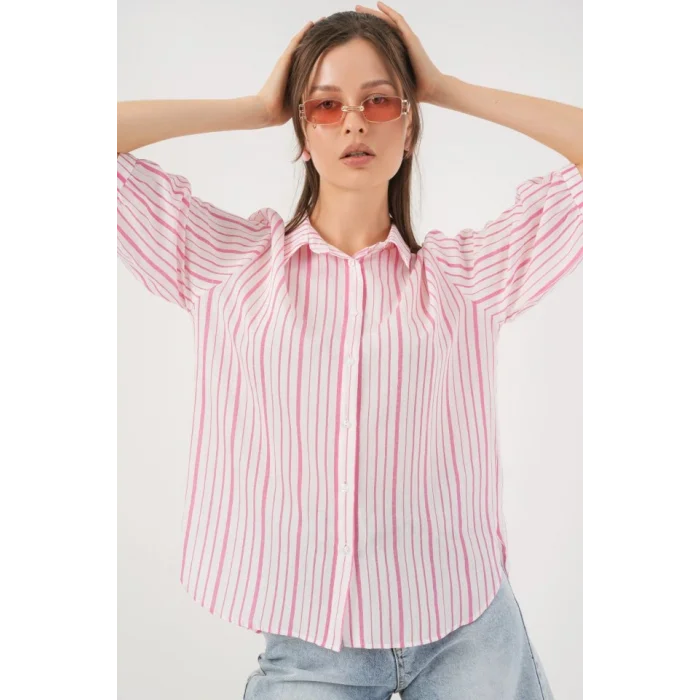 Çizgili Kısa Kol Gömlek 20345 - Pudra