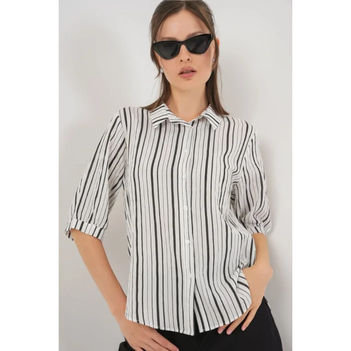 Çizgili Kısa Kol Gömlek 20345 - Siyah
