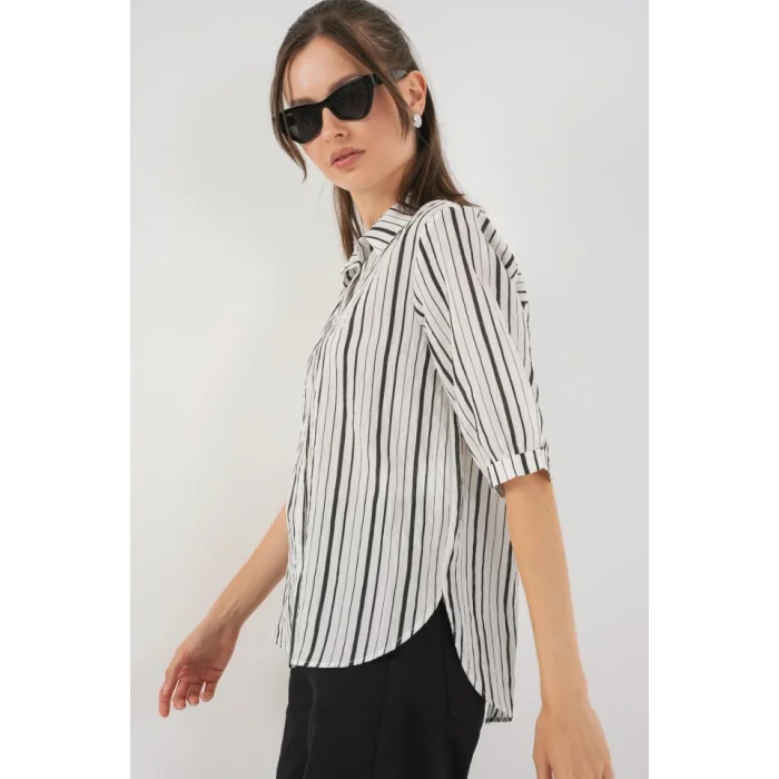 Çizgili Kısa Kol Gömlek 20345 - Siyah