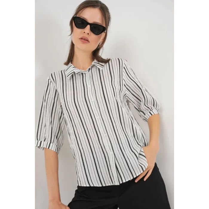 Çizgili Kısa Kol Gömlek 20345 - Siyah