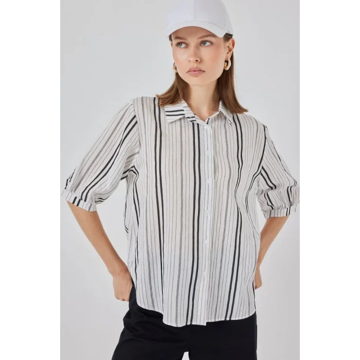 Çizgili Kısa Kol Gömlek 20345 - Taş