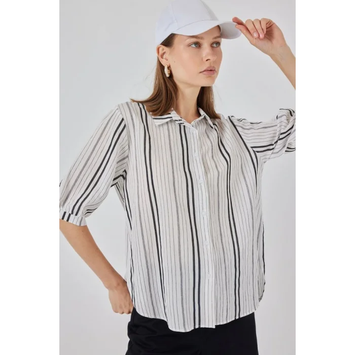 Çizgili Kısa Kol Gömlek 20345 - Taş
