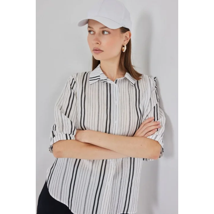 Çizgili Kısa Kol Gömlek 20345 - Taş
