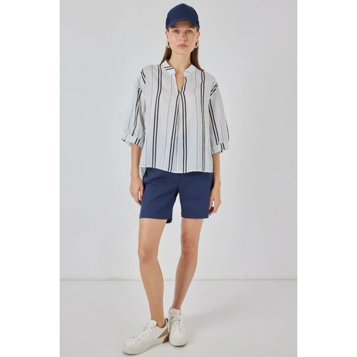 Çizgili Oversize Bluz 967 - Açık Mavi