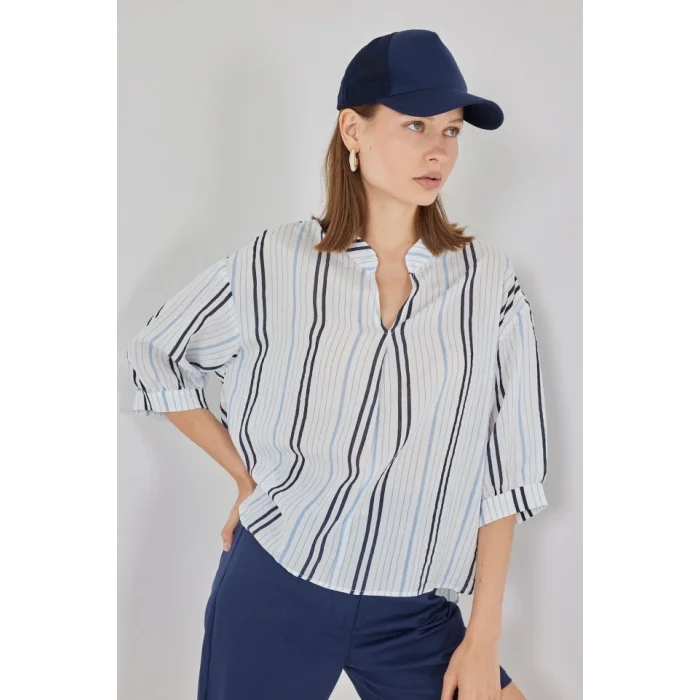 Çizgili Oversize Bluz 967 - Açık Mavi